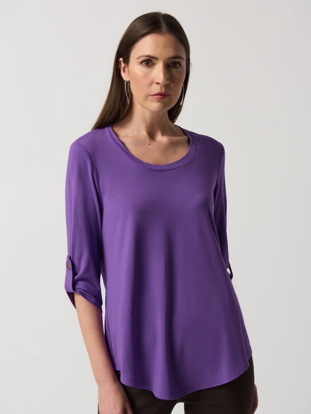 Joseph Ribkoff Purple Scoop Neck Roll-Tab Long Sleeve Tee